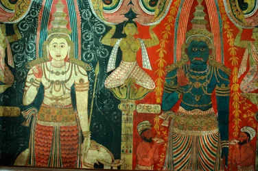 Wandgemälde an den Wänden des Kelaniya-Tempels im Kelaniya Vihara, einer der heiligsten buddhistischen Stätten etwa sechs Meilen von der Hauptstadt Colombo, Sri Lanka. 7. Januar 2010